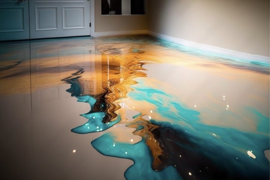 Boden aus Epoxidharz. Die Farben Türkis und Holzbraun verlaufen ineinander.