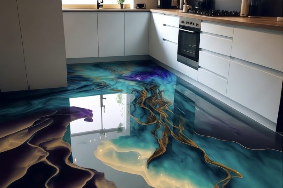 Küchenboden aus Epoxidharz. Mit den Farben Türkis, Lila, einzelne gelbe Linien und Bereichen. Außerdem Grau-Braun, verlaufend in Lila. Großer Türkisanteil.